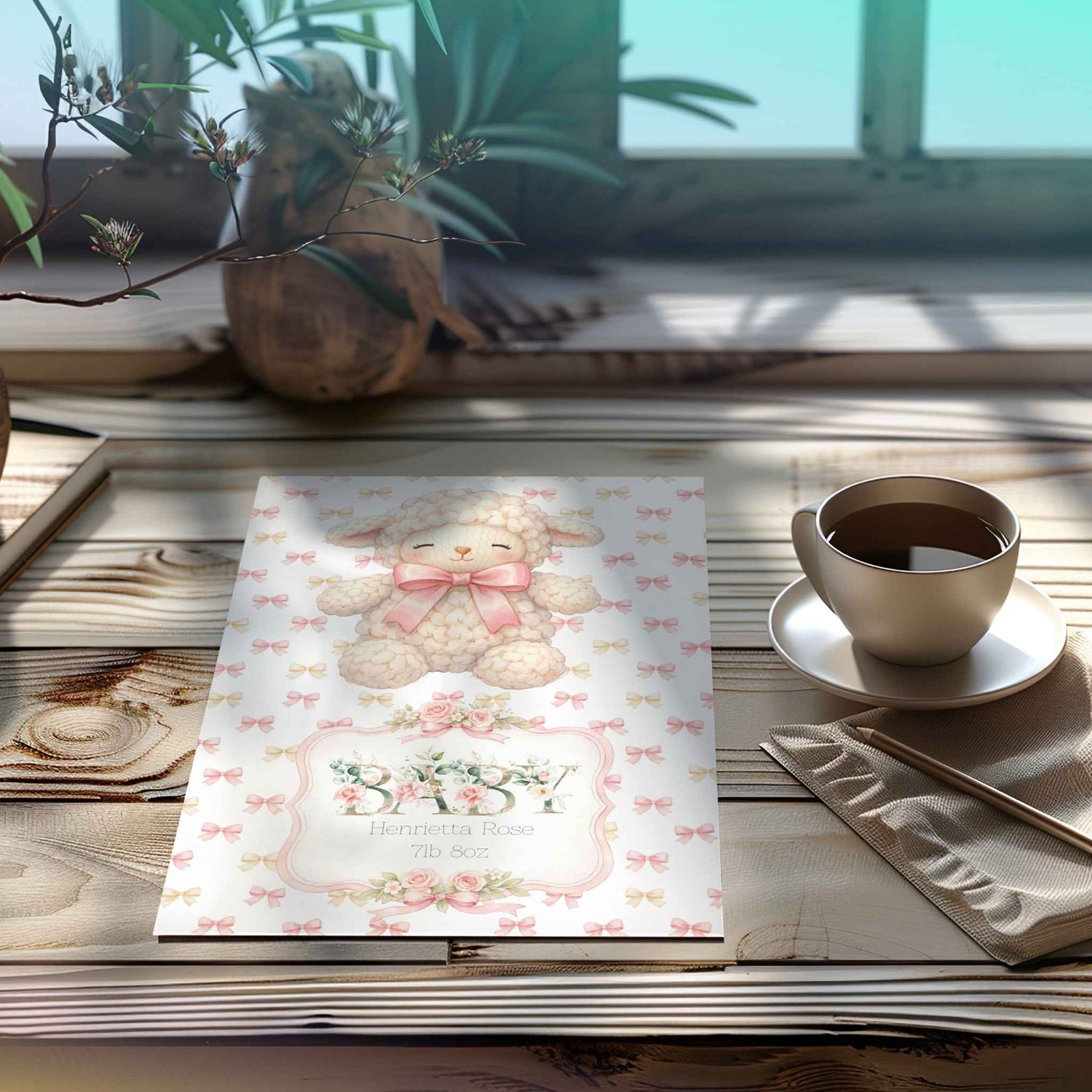 A baby card featuring a cute baby lamb and bow pattern, styled on a rustic wooden table next to a cup of coffee and a book.
