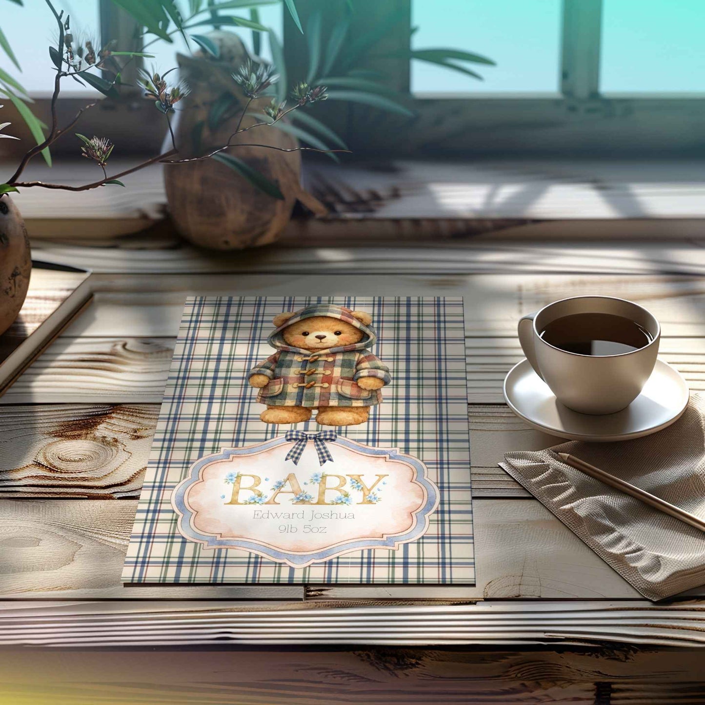 A baby shower card featuring a teddy bear in a plaid coat on a blue plaid background, styled on a wooden table next to a cup of coffee and a vase.