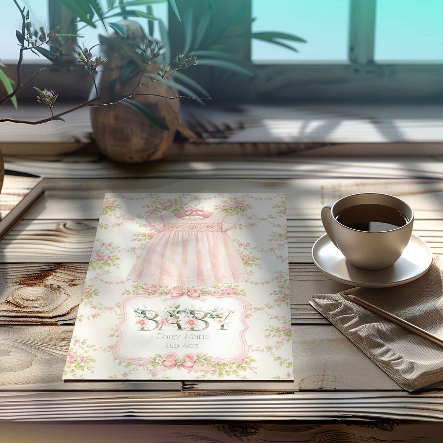 A styled flat-lay of a new baby card featuring a pink dress illustration and the text BABY with personalised text, set on a rustic wooden table next to a cup of coffee, a napkin, and a potted plant in the background.