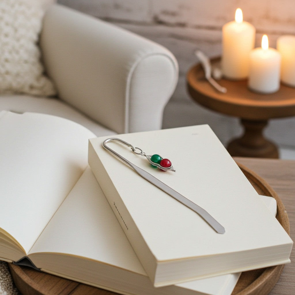 A silver metal bookmark with a small red and green bead detail rests on a closed cream-coloured book, which is placed on an open book in a cosy indoor setting with blurred candles and a sofa in the background.