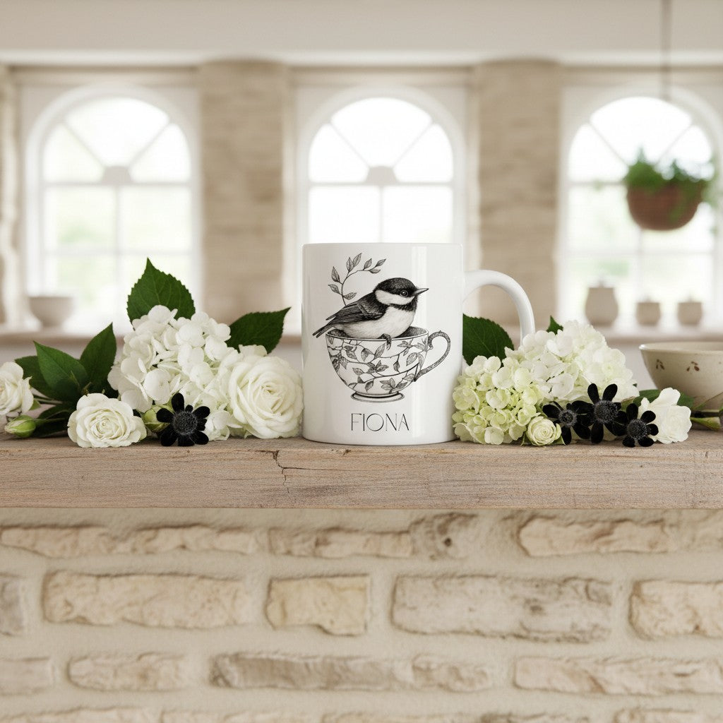 White mug with bird design on a wooden surface with flowers