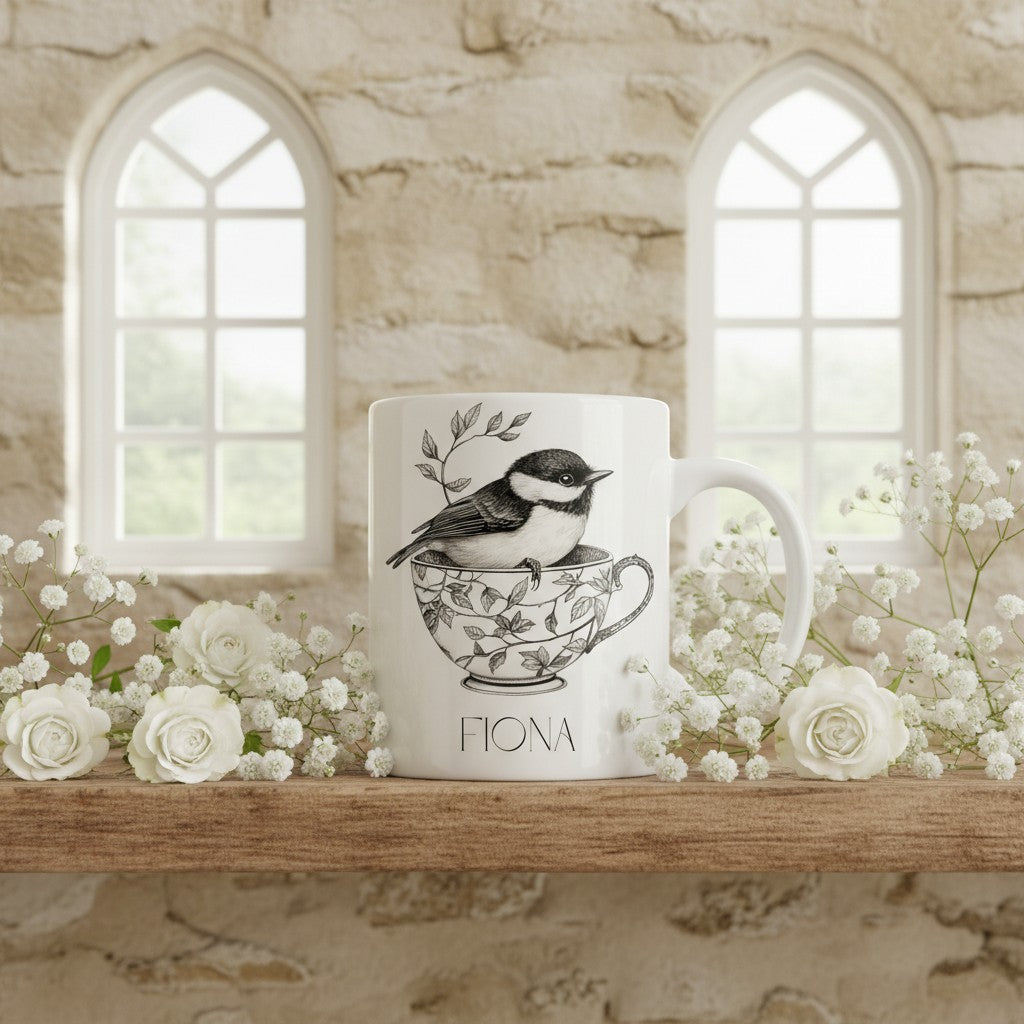 White mug with a bird design and 'Fiona' text, placed on a wooden surface with flowers and a stone wall background.