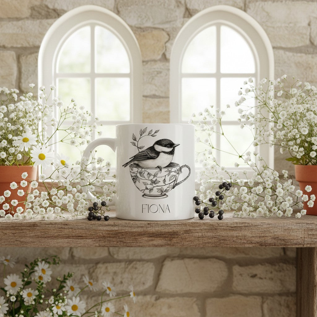 White mug with bird design and 'Fiona' text on a wooden surface with flowers and windows in the background