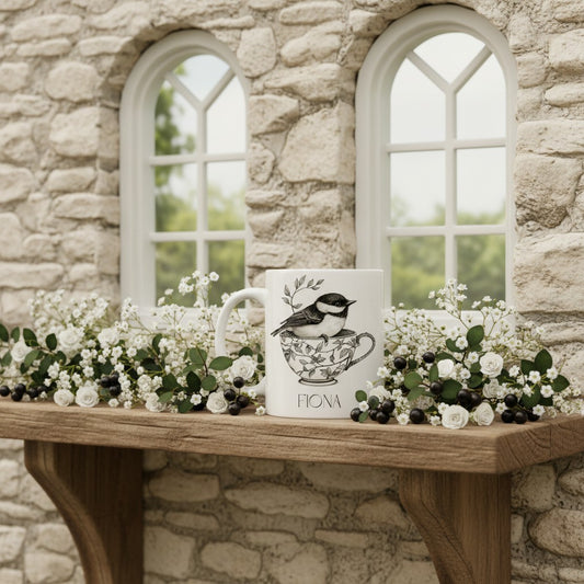 White mug with bird design on a wooden table against a stone wall with windows