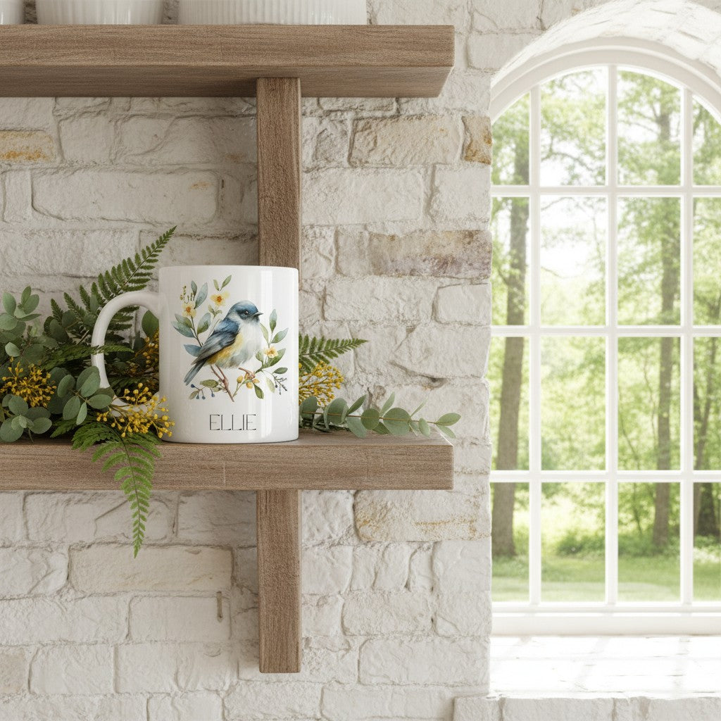 White mug with bird design on a wooden shelf against a stone wall with a window in the background.