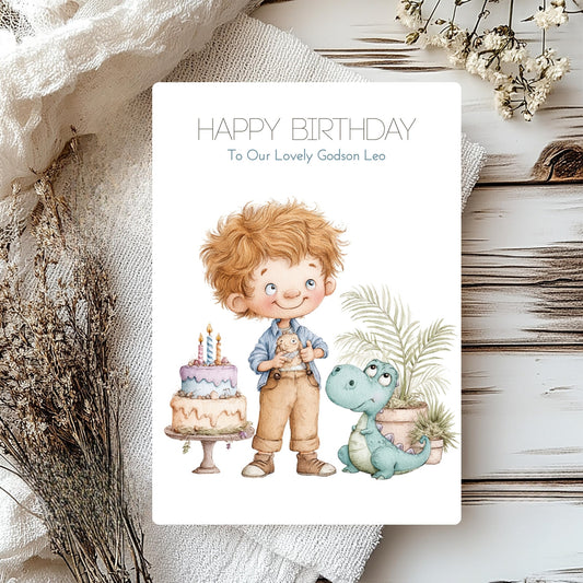 Birthday card with a boy, cake, and dinosaur illustration on a decorative background.