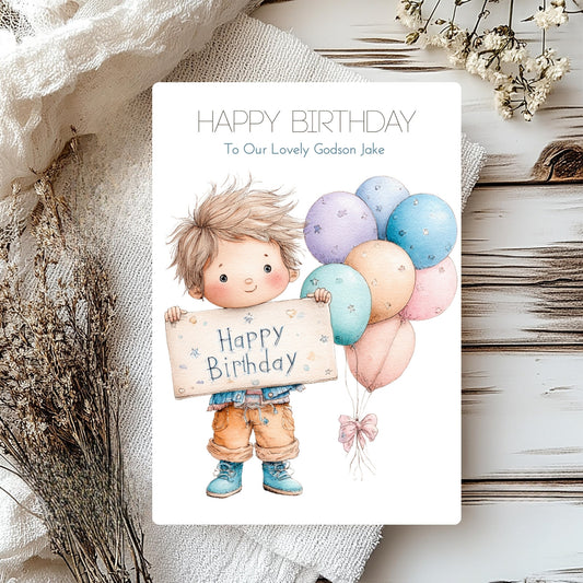 Birthday card with a child holding balloons and a sign, surrounded by decorative elements on a wooden surface.