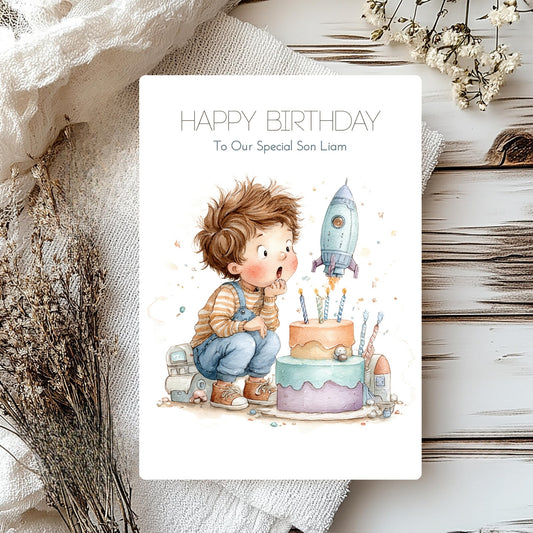Birthday card with a child and rocket-themed cake on a white background