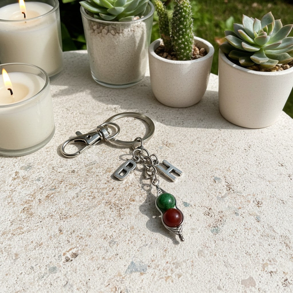 A silver-toned keychain with a lobster clasp, hanging charms, and a dangling gemstone ornament resting on a light stone surface outdoors. Candles, small potted succulents, and greenery are blurred in the background.