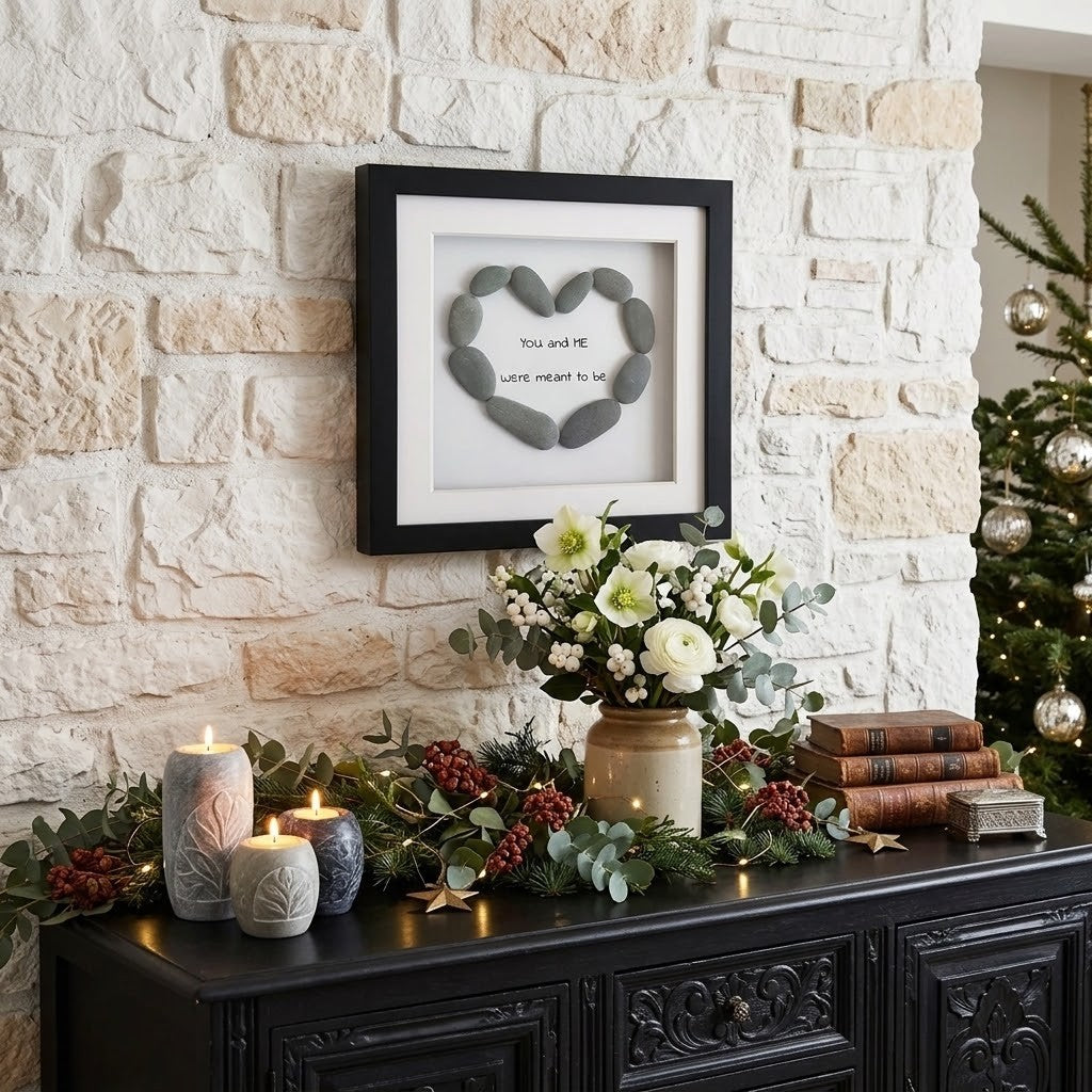 A framed wall art piece featuring a heart-shaped arrangement of smooth grey stones with the words 'You and me' and 'love matters to us' in the centre, displayed on a white stone wall above a decorated black console table with candles, flowers, books, and a Christmas tree in the background.