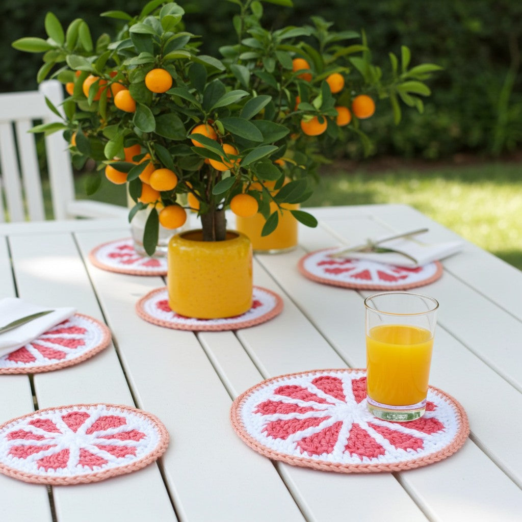 Round crocheted placemats with a blood orange slice pattern on a white background, styled on a white outdoor table with a yellow vase of kumquat tree and a glass of orange juice.