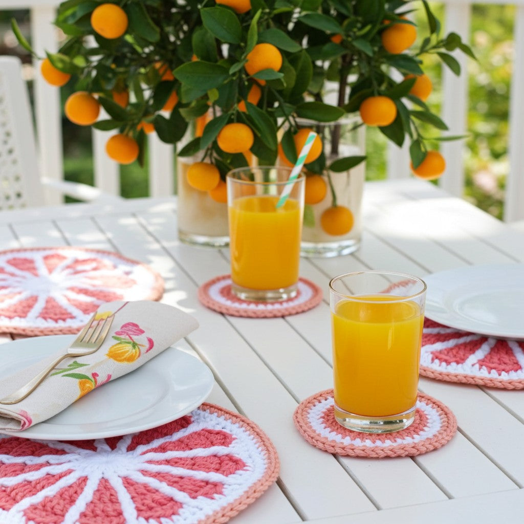 A styled outdoor dining table with white plates, a floral napkin, and two glasses of orange juice on pink and white crocheted placemats. A glass vase of a citrus tree stands in the background on a white railing.
