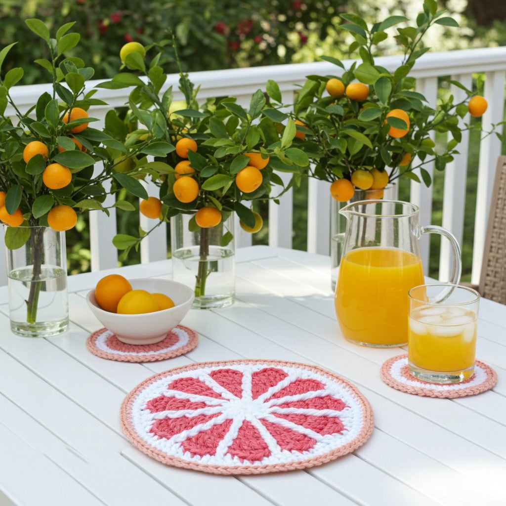 A white outdoor table set with several crocheted pink-and-white citrus slice coasters, glass pitchers of orange juice, a bowl of oranges, and two glass vase arrangements of orange trees on a white railing with green garden foliage in the background.