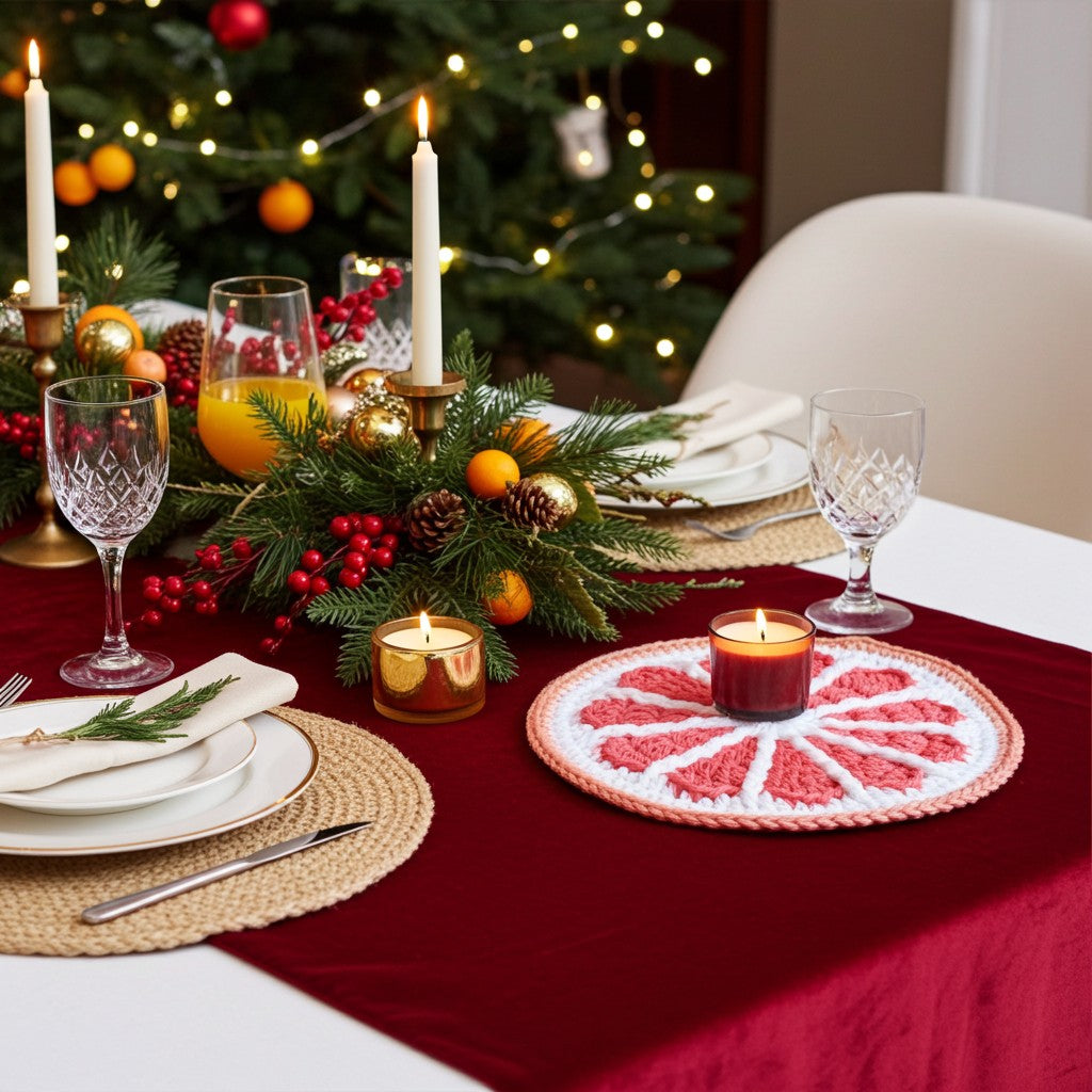 A festive Christmas table setting with a deep red table runner, woven placemats, white plates, lit taper candles, and a decorative centerpiece of pine branches, berries, and oranges. A crocheted red-and-white circular placemat is visible in the foreground on a white table, with a blurred Christmas tree in the background.