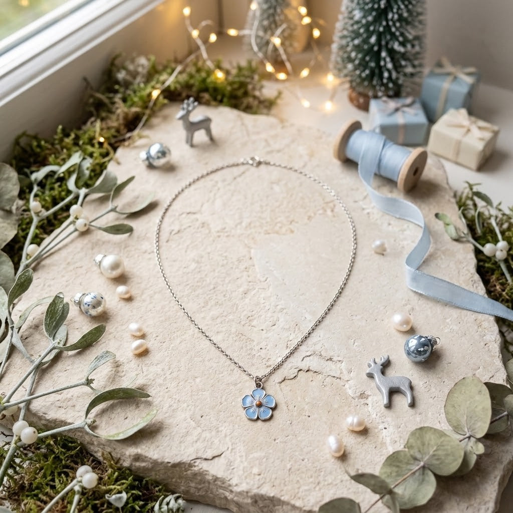 A silver-toned necklace with a small blue flower pendant is displayed on a stone slab surrounded by holiday decorations, including greenery, miniature trees, wrapped gifts, and a spool of ribbon.