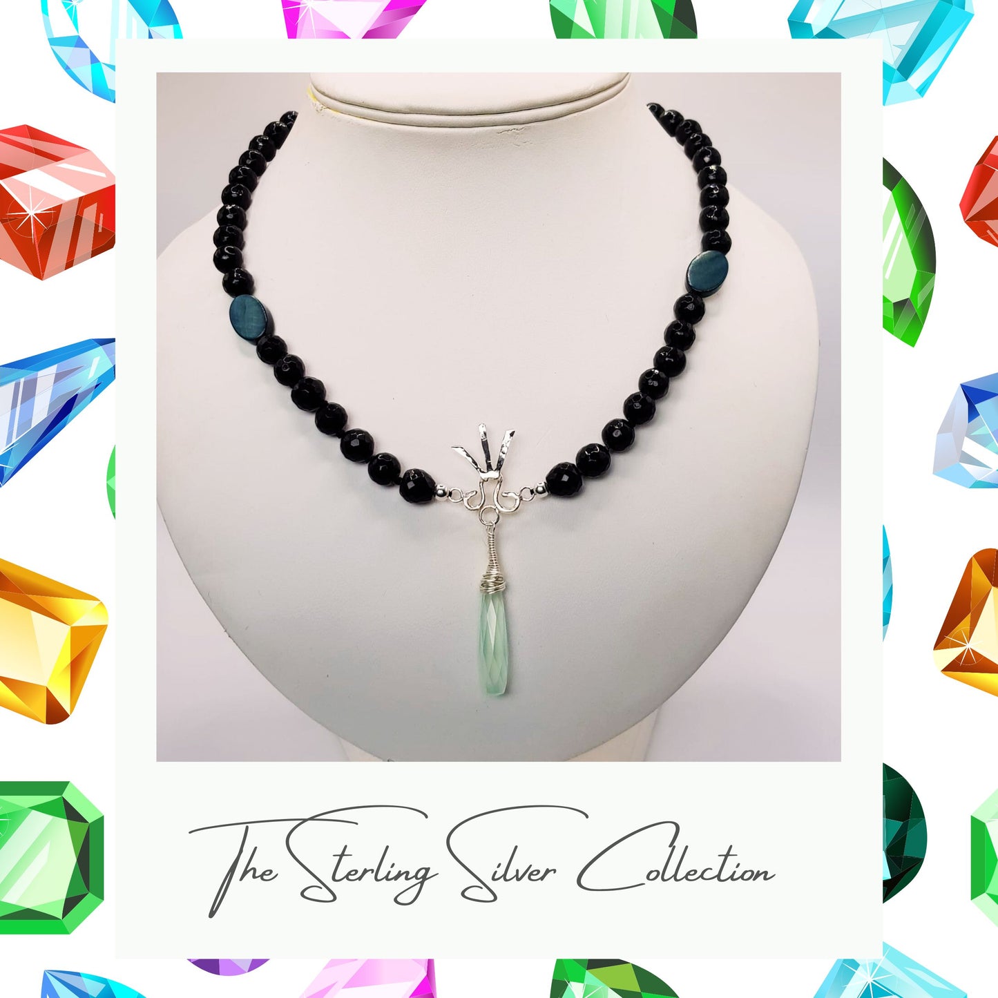 A blue gemstone necklace with a silver trident spear head pendant, accompanied by hand knotted faceted black agate and two pieces of teal colour mother of pearl oval discs, displayed on a mannequin.