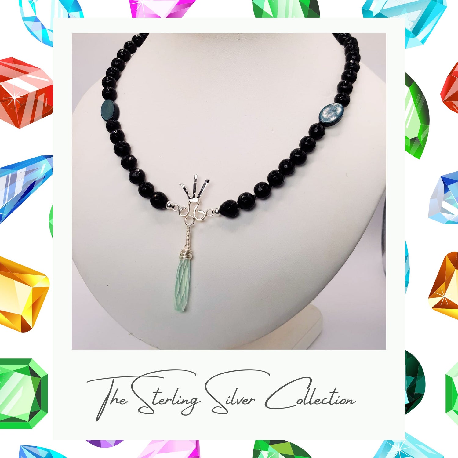 A blue gemstone necklace on a necklace stand showing the detail.