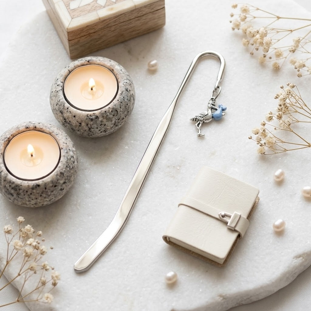 A silver metal bookmark with a small blue stork charm and white pearl accents, styled on a white stone surface with two lit candles, dried flowers, pearls, and a small cream notebook.