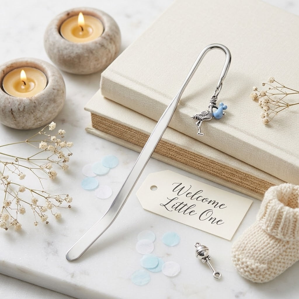 A silver metal bookmark with a small blue bird charm, styled on cream books with dried flowers, lit candles, a baby bootie, and a 'Welcome Little One' tag.