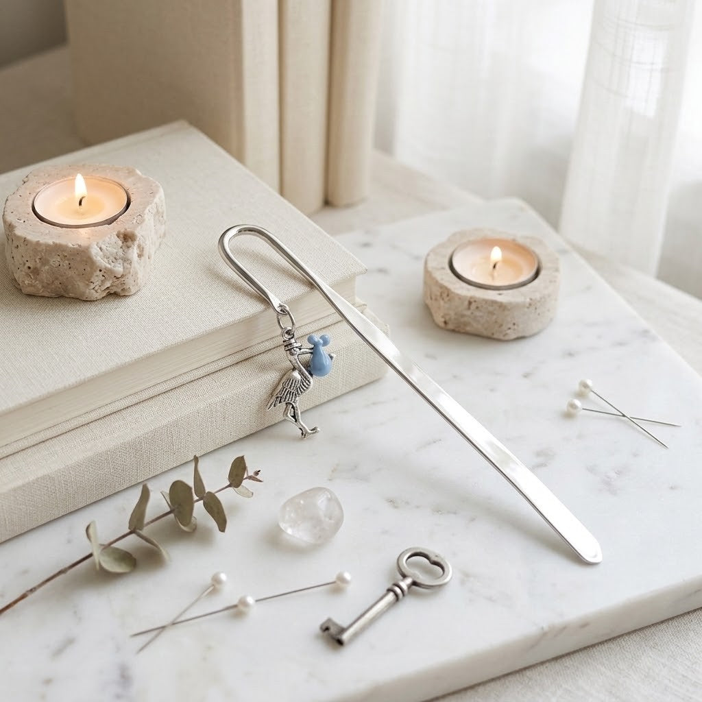 A silver metal bookmark with a small blue stork charm rests on a white marble tray styled with candles, books, a key, and eucalyptus stems.