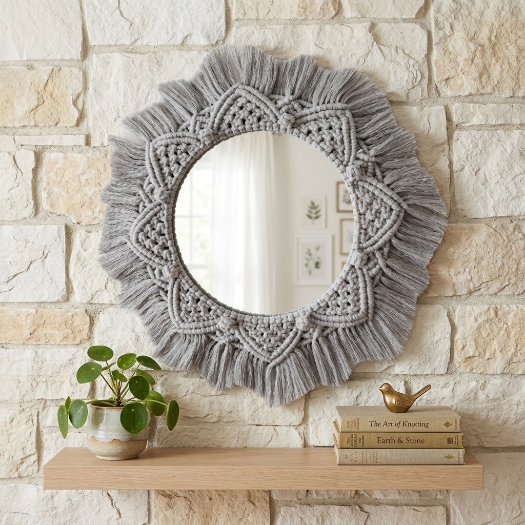 A round decorative mirror with a grey macrame-style fringed border, mounted on a light beige stone wall above a wooden shelf with a small potted plant and books.