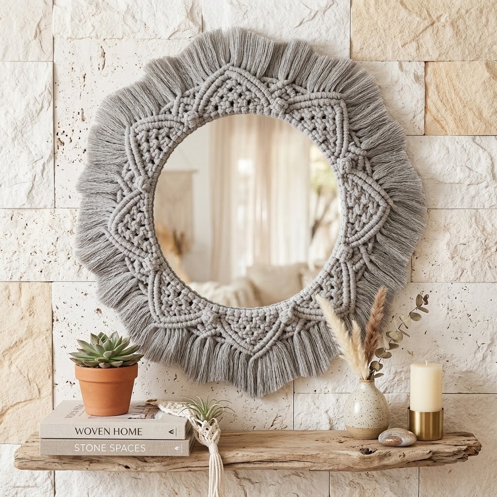 A round wall mirror with a large grey macrame border and fringe, displayed on a rustic wooden shelf against a beige stone wall. The shelf is styled with a small potted succulent, a vase with dried grass, a candle, and a small plant.