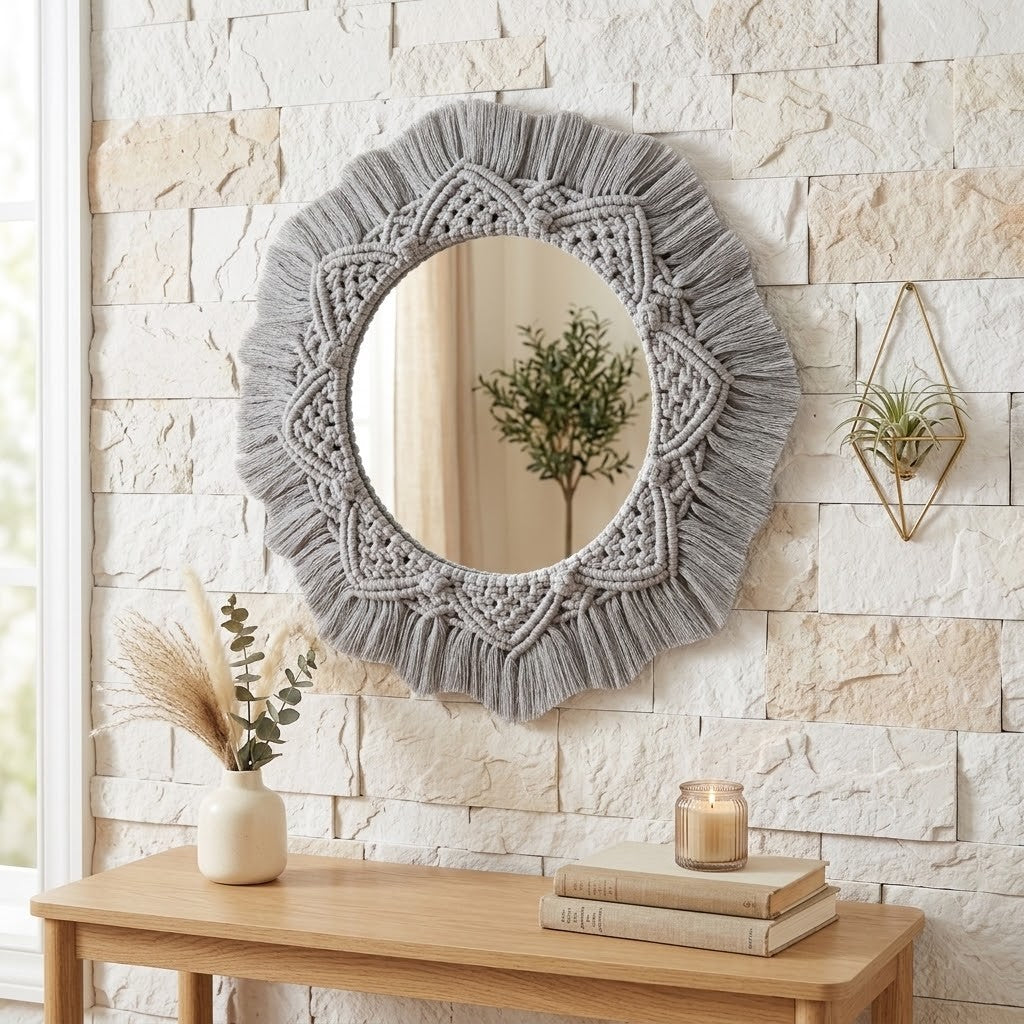 Round wall mirror with a large grey macrame fringe border, mounted on a light stone wall above a wooden console table with books and a candle.