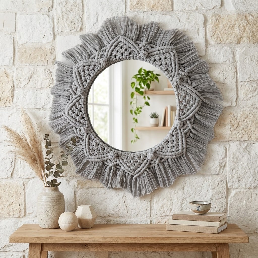 A round wall mirror with a large grey macrame-style fringe border, mounted on a light stone wall above a wooden console table with decorative vases, books, and a bowl.