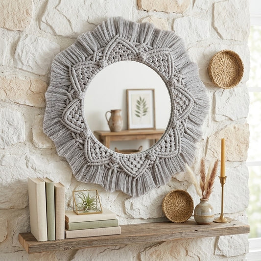 A round macrame wall mirror with a wide frayed border in light gry, displayed on a rustic stone wall above a wooden shelf styled with books, a small plant, and dried grasses.