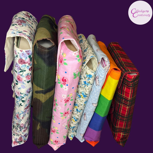 7 book cosies in different fabrics to show them in use