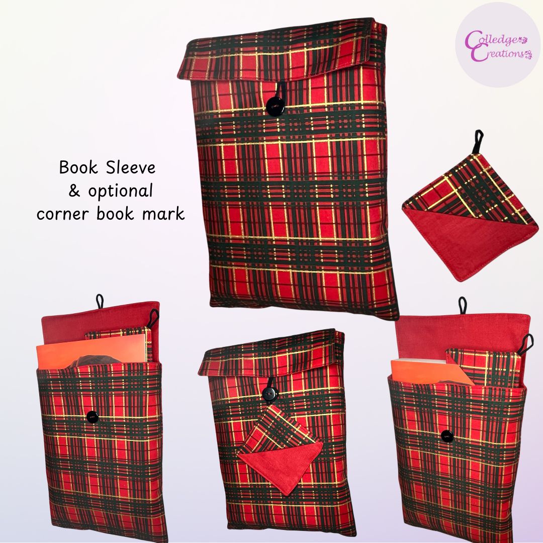 A book sleeve shown in tartan with optional corner book mark as an added extra