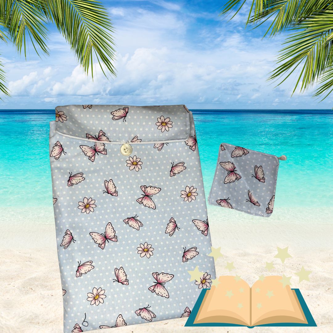 handmade book cosy shown in butterfly fabric