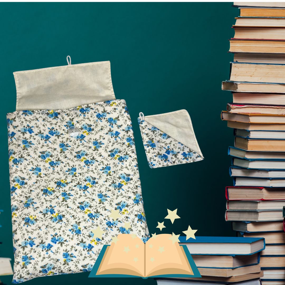 handmade book cosy shown with a stack of books and optional matching corner bookmark in floral fabric