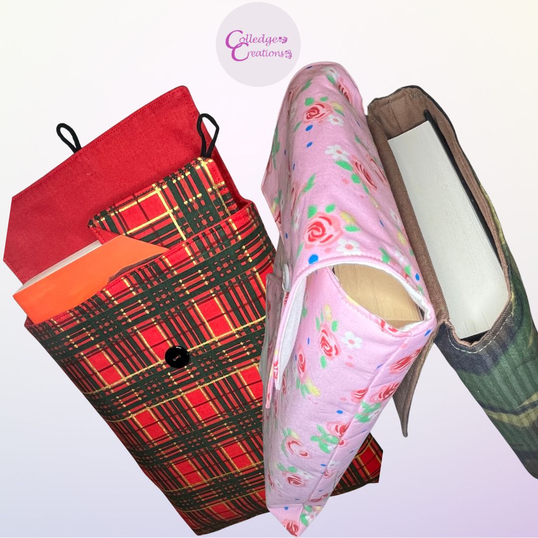 three handmade book cosies shown in various fabrics for the customer to choose from