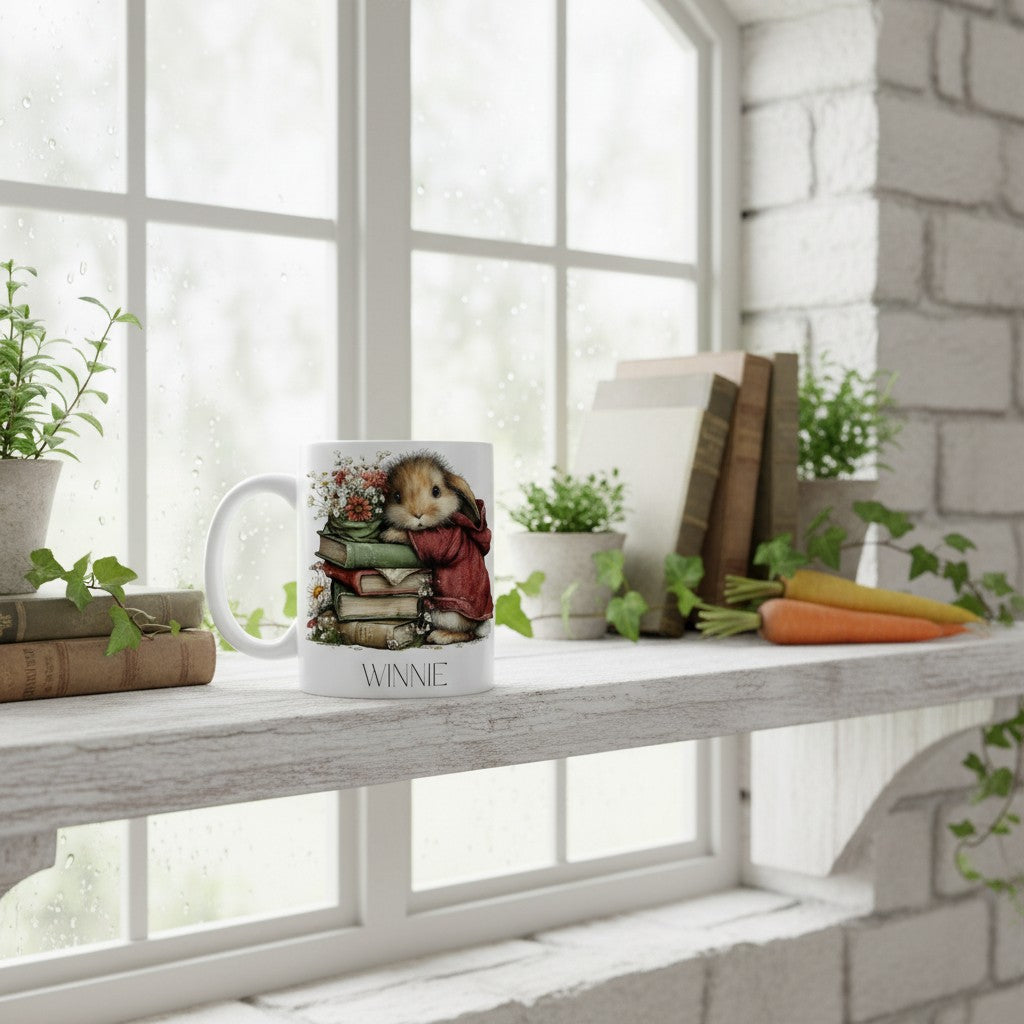 Mug with a design of a bookish bunny on a windowsill with books and plants.