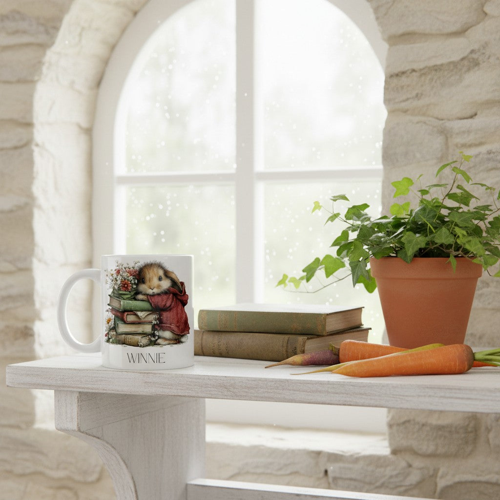 Mug with a bookish rabbit design on a table with books and carrots, against a stone wall and window background.