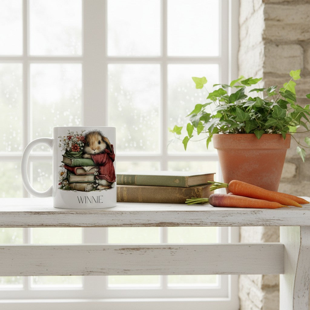 Mug with a bunny character design on a table with books and carrots, in a bright room.