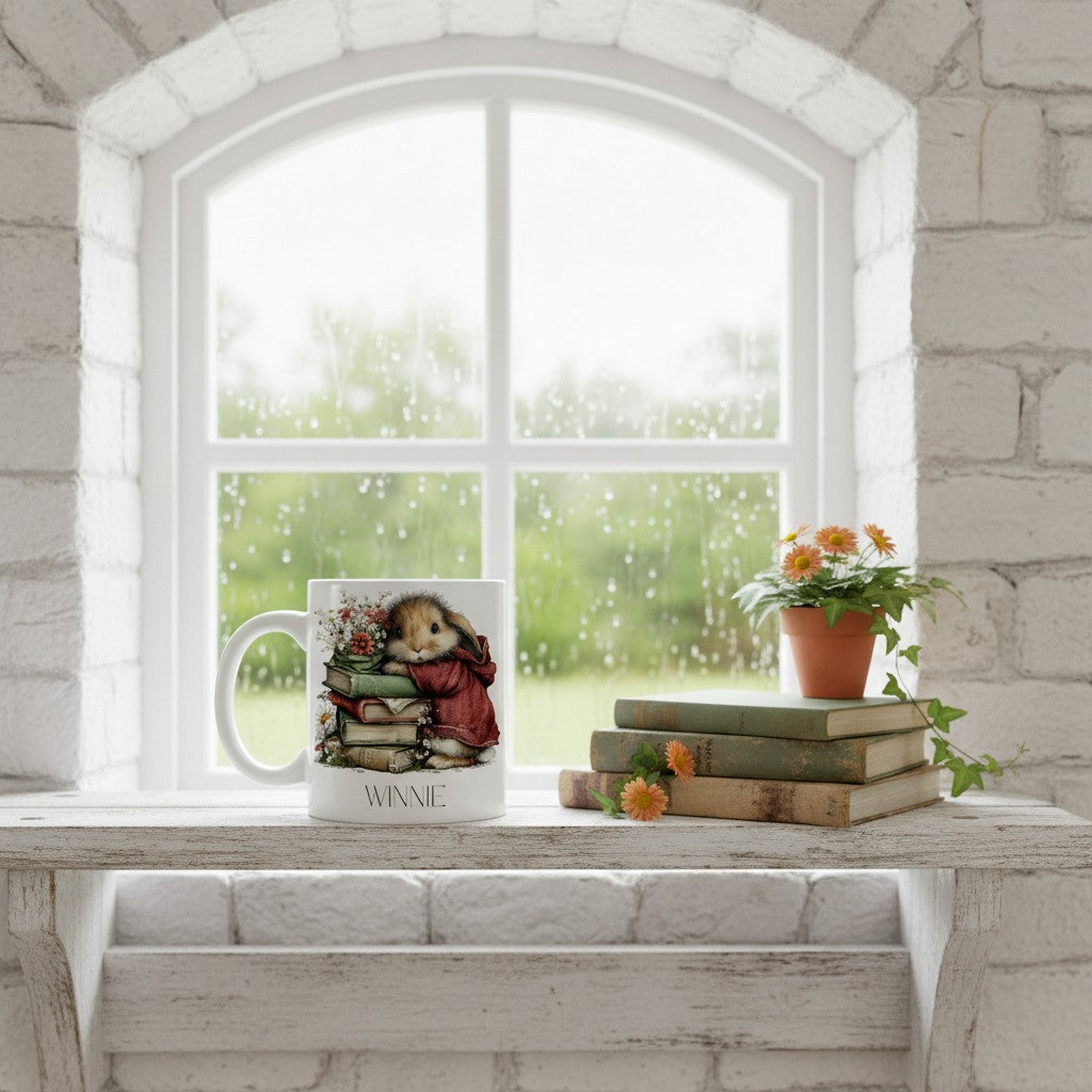 Mug with a bookish rabbit design on a windowsill with books and flowers