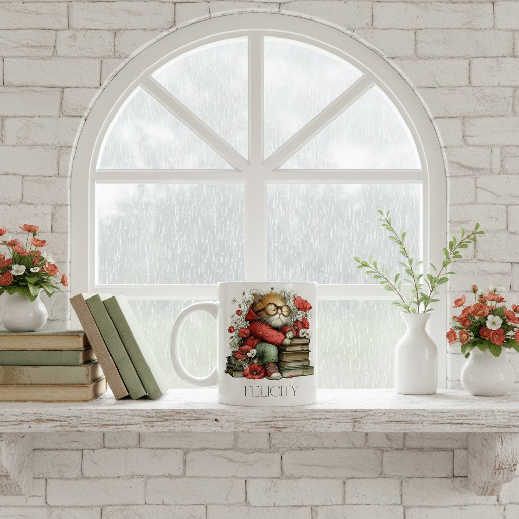 Decorative items on a windowsill with a bookish cat mug, books, and flowers against a stone wall.