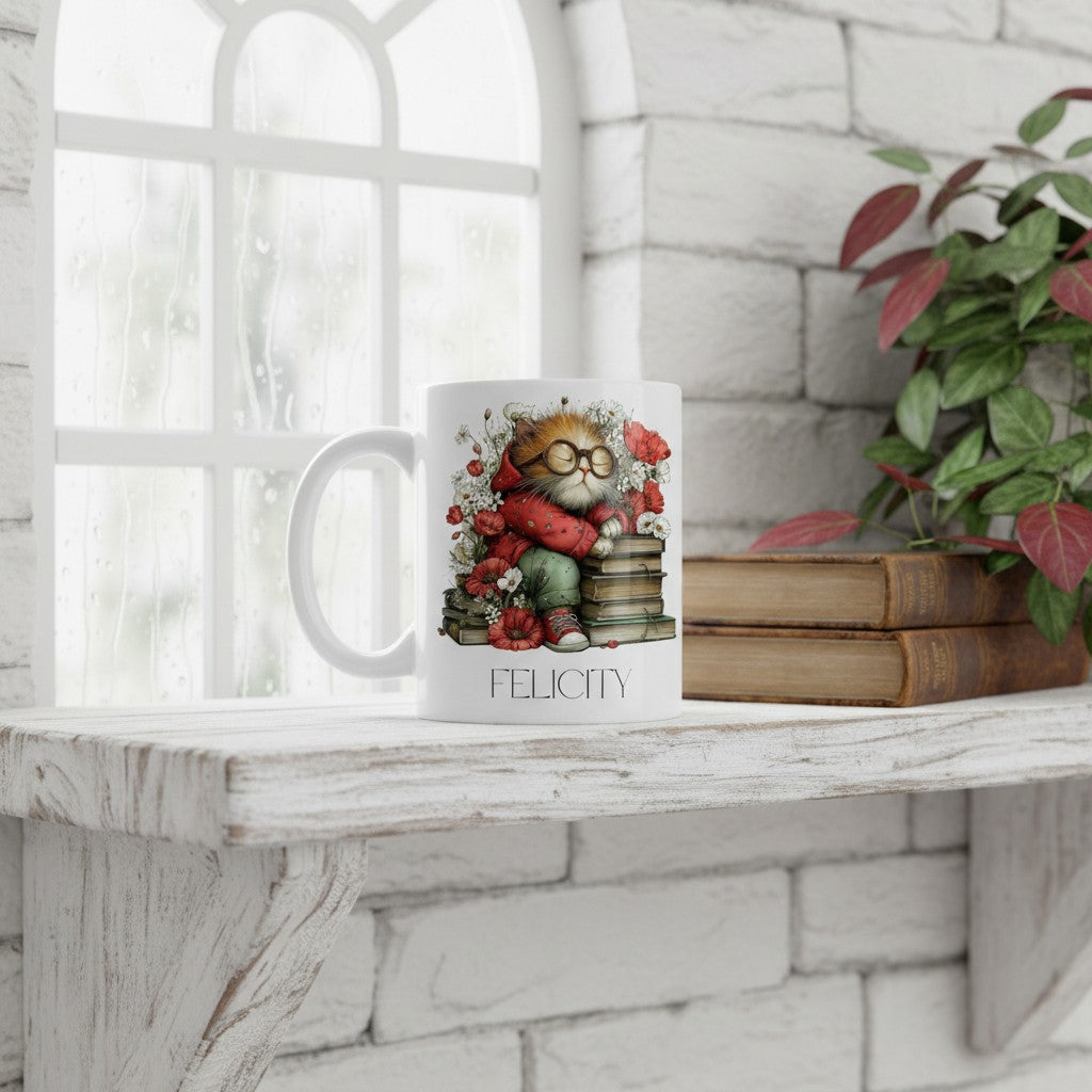 Mug with bookish cat design on a shelf with books and a plant