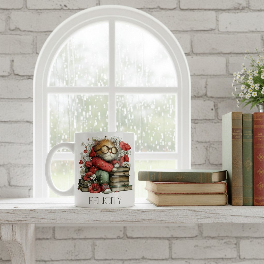 Ceramic mug with a design of a cat wearing glasses and a scarf, placed on a windowsill with books and a plant.