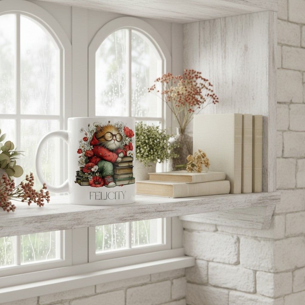 Decorative mug with a cat illustration on a windowsill with books and flowers.