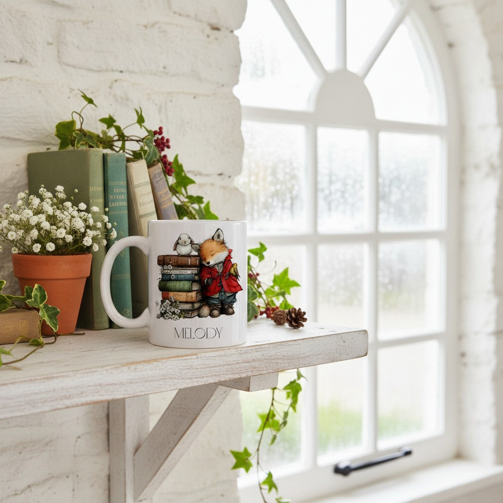 Mug with fox design on a shelf with plants and books