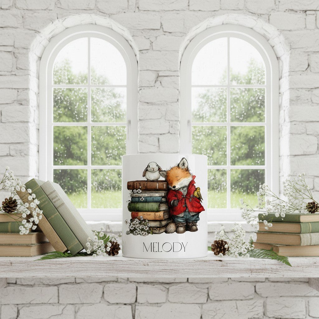 Decorative scene with a bookish fox mug on books in front of a window with a stone wall background.