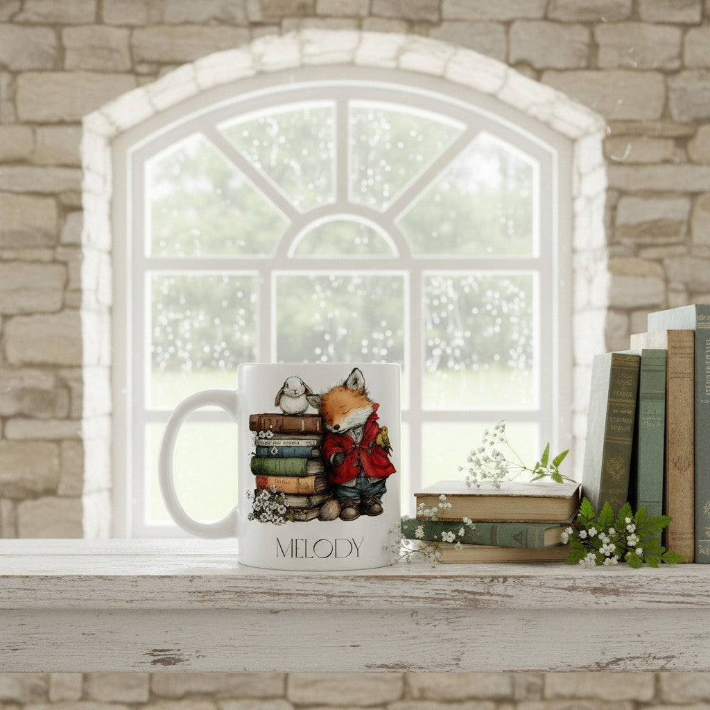 Mug with a bookish fox design on a windowsill with books and a stone wall background