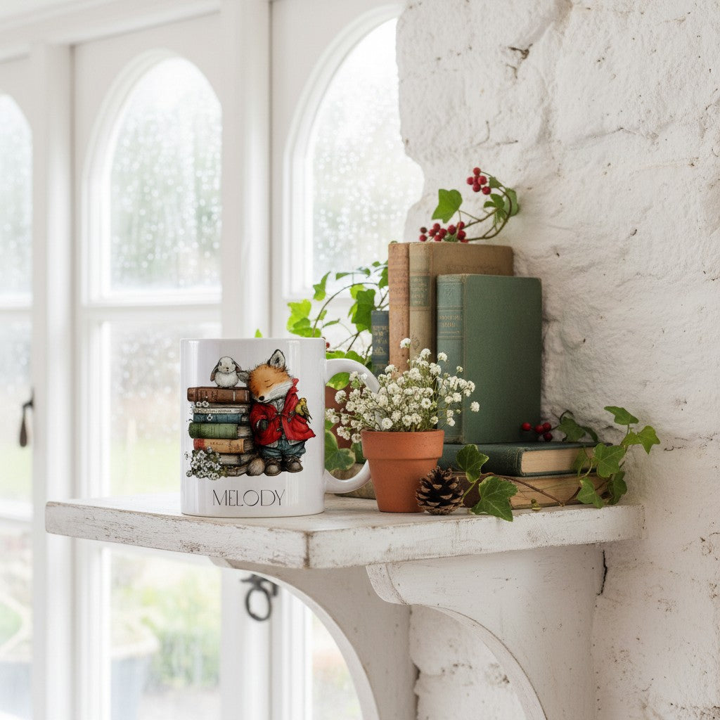 Decorative shelf with books, a fox mug, and small plants against a white wall.