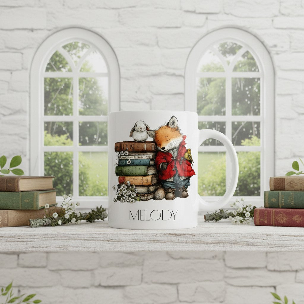 Mug with a fox design and 'Melody' text on a white surface with books and a window in the background.