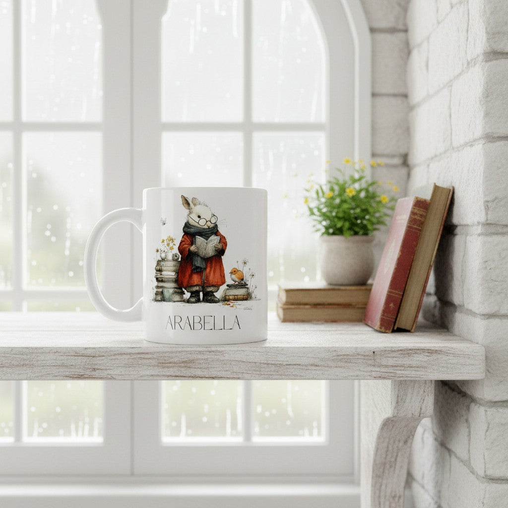 Mug with a hare character design on a windowsill with books and a plant