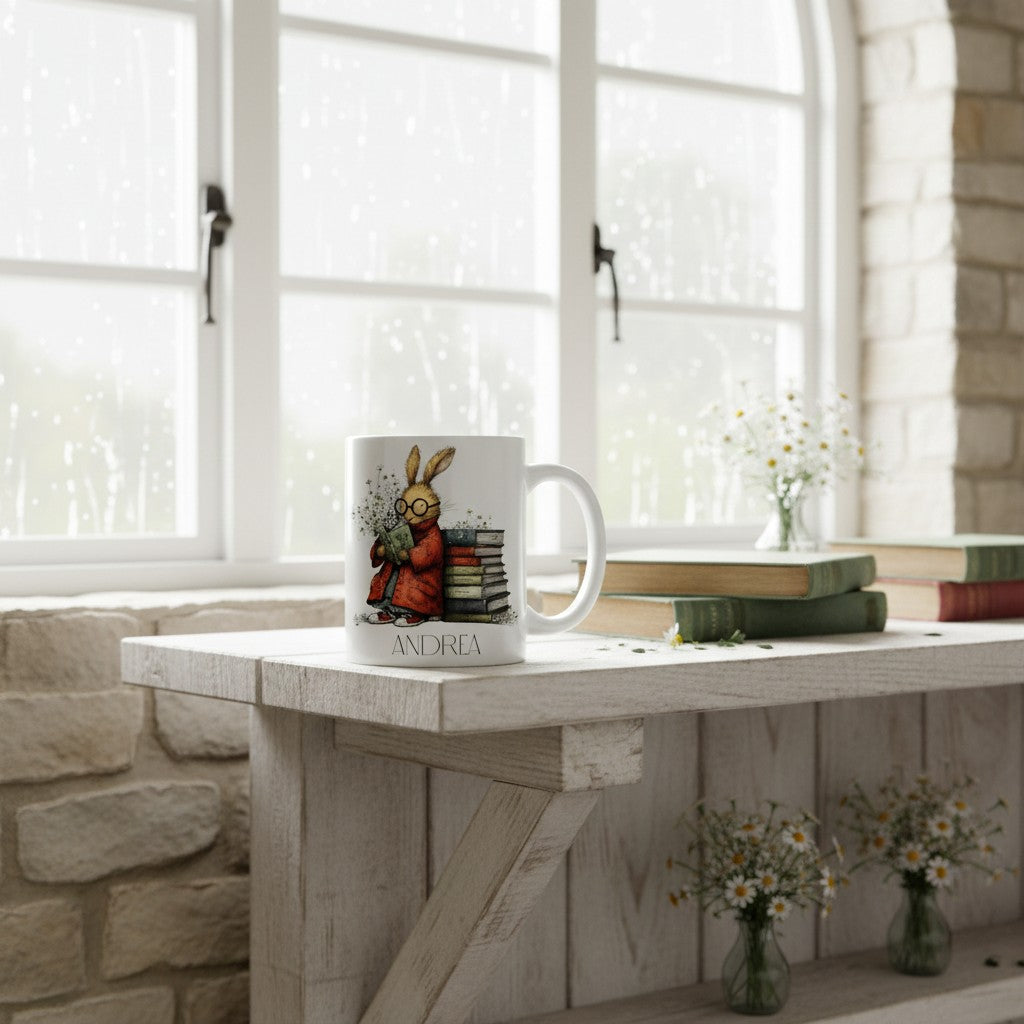 Mug with a hare design on a wooden table in a bright room with large windows.