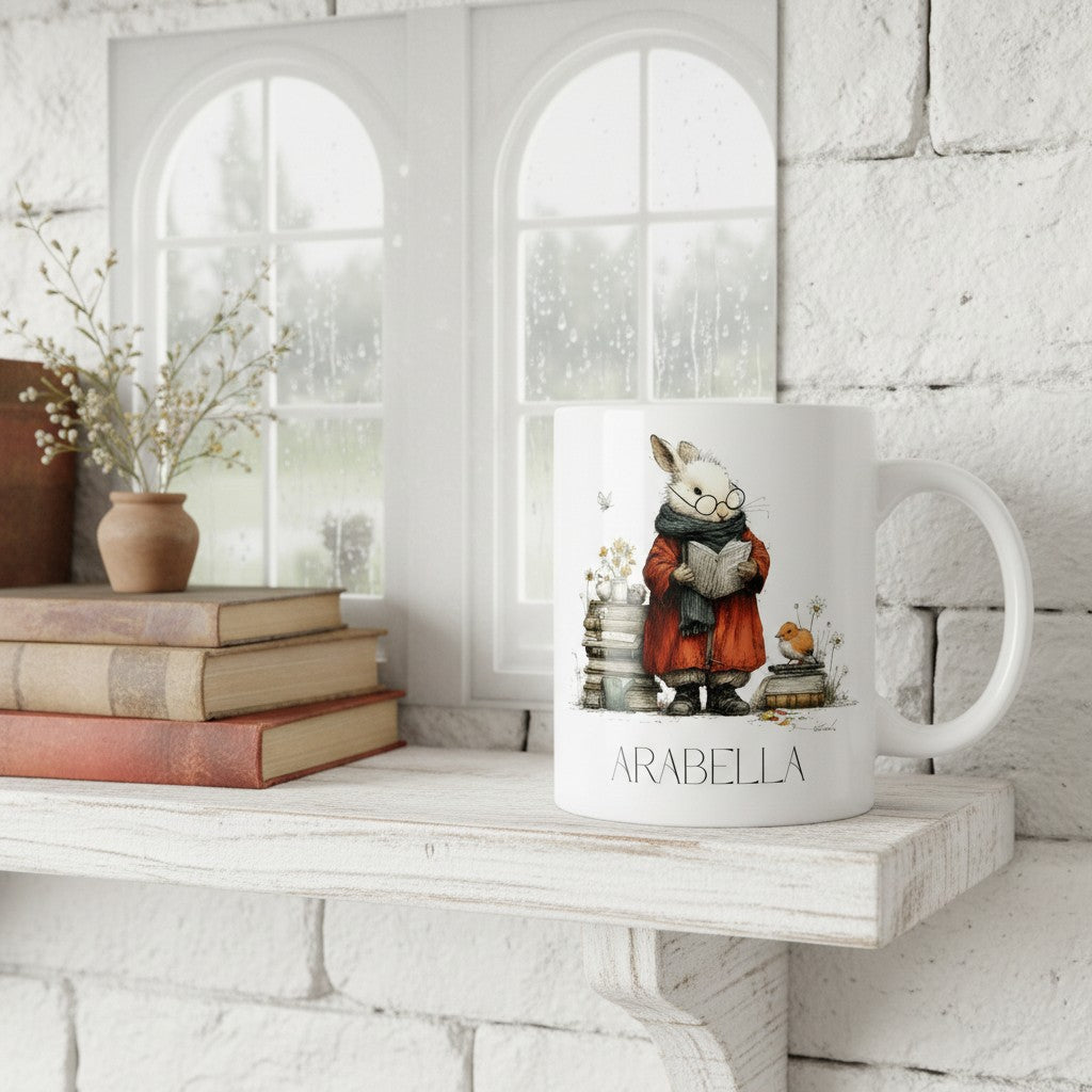 Mug with a hare character design on a white surface with books and a window in the background